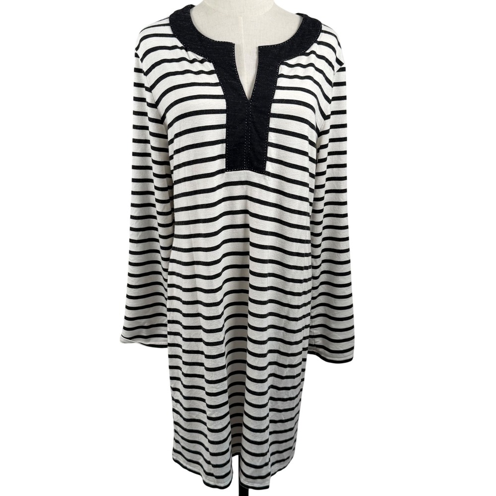 Max Studio Weekend Shift Tunic Dress XL Nautical Black‎ White Stripe Split Neck